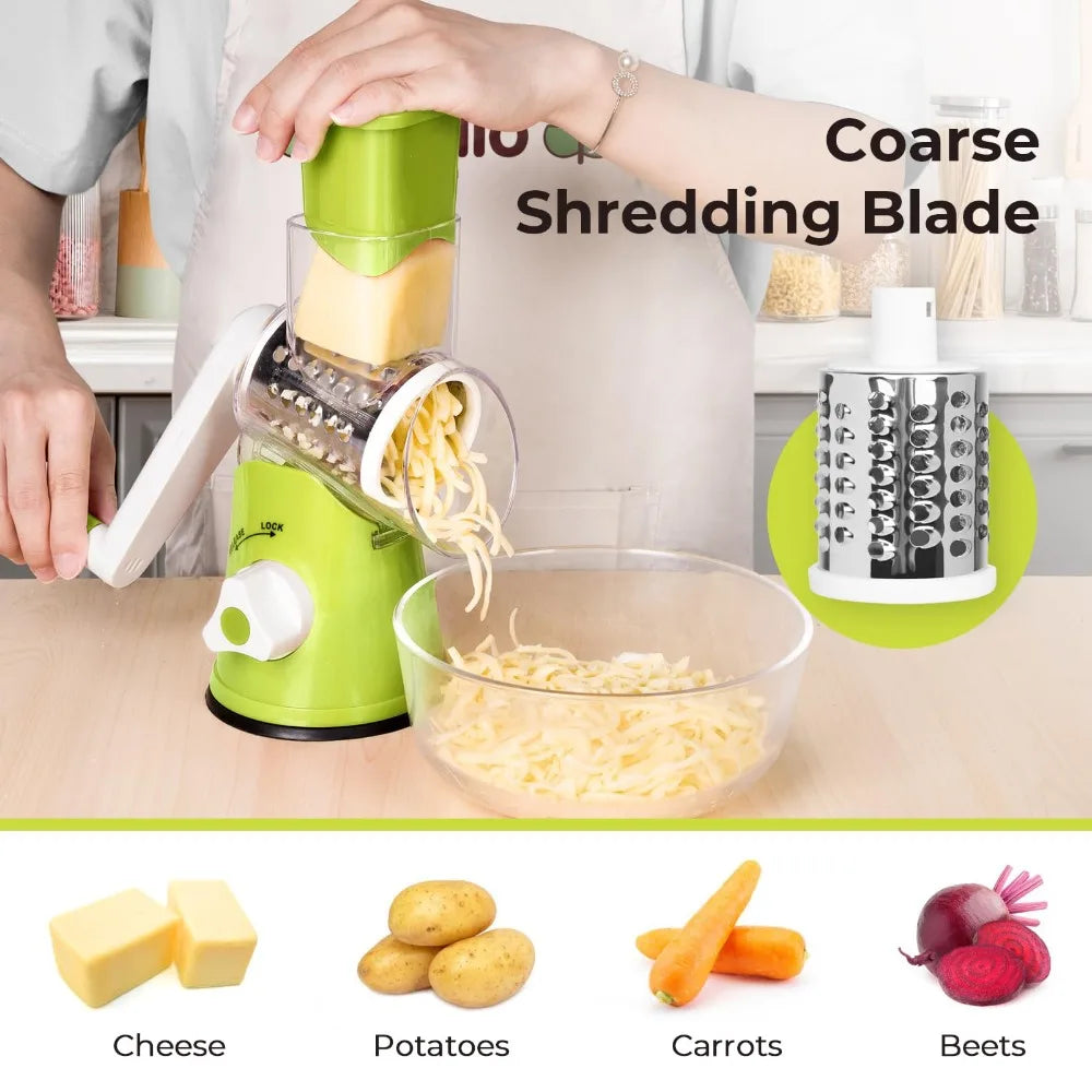 Manual Rotary Grater for Cheese, Vegetables, and Potatoes – Stainless Steel Mandoline Chopper & Slicer with Interchangeable Blades for Efficient Kitchen Prep