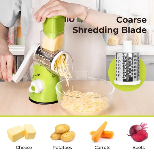 Manual Rotary Grater for Cheese, Vegetables, and Potatoes – Stainless Steel Mandoline Chopper & Slicer with Interchangeable Blades for Efficient Kitchen Prep