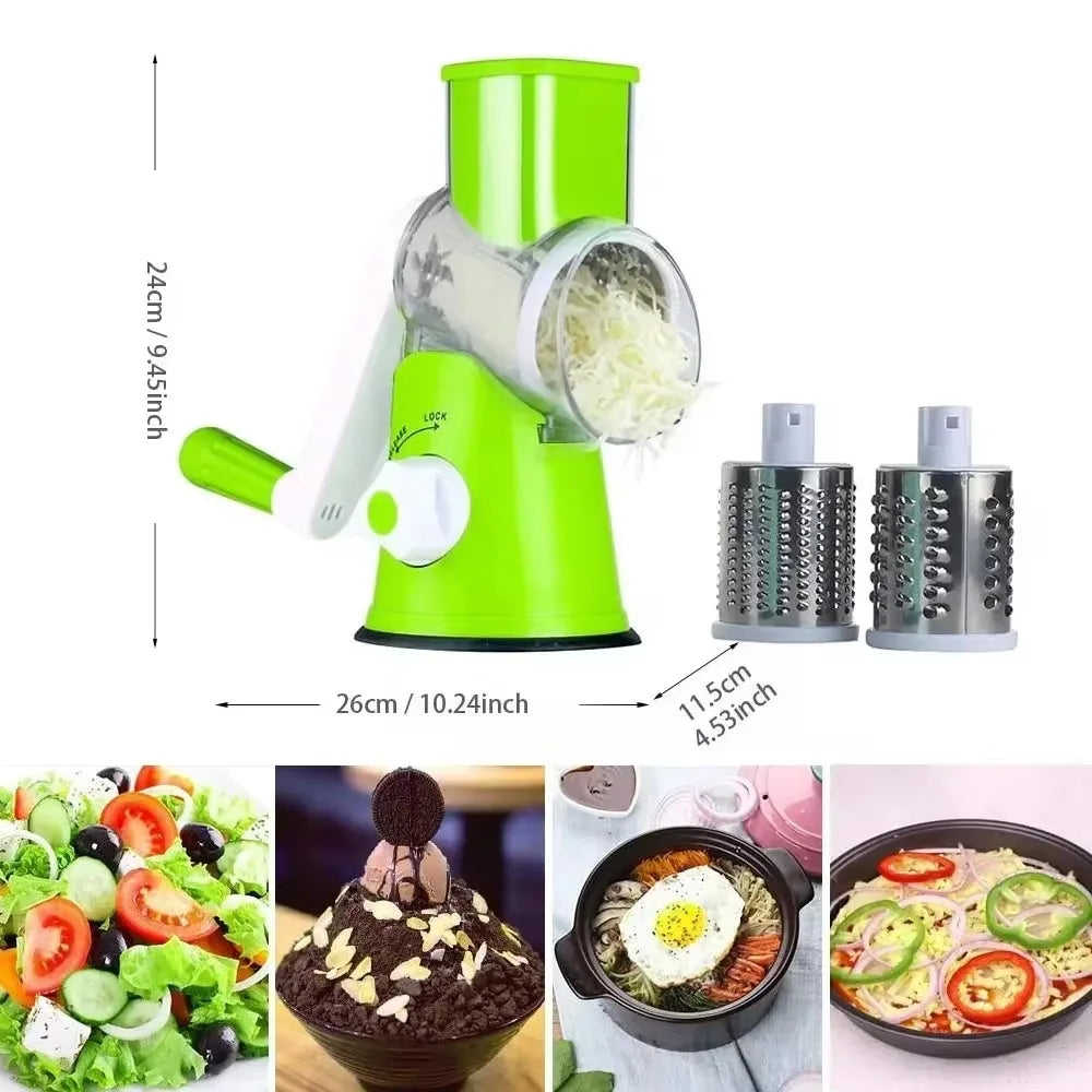 Manual Rotary Grater for Cheese, Vegetables, and Potatoes – Stainless Steel Mandoline Chopper & Slicer with Interchangeable Blades for Efficient Kitchen Prep