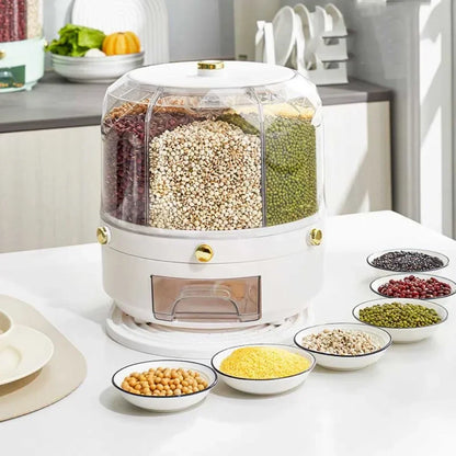 360° Rotating Rice Dispenser - Sealed Dry Cereal Grain Bucket for Kitchen Storage, Moisture-Proof Food Container