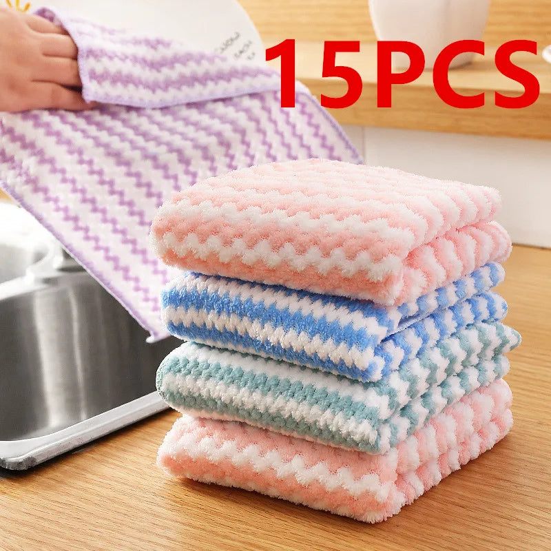 15 PCS Kitchen Cleaning Rag Coral Fleece Dishcloth