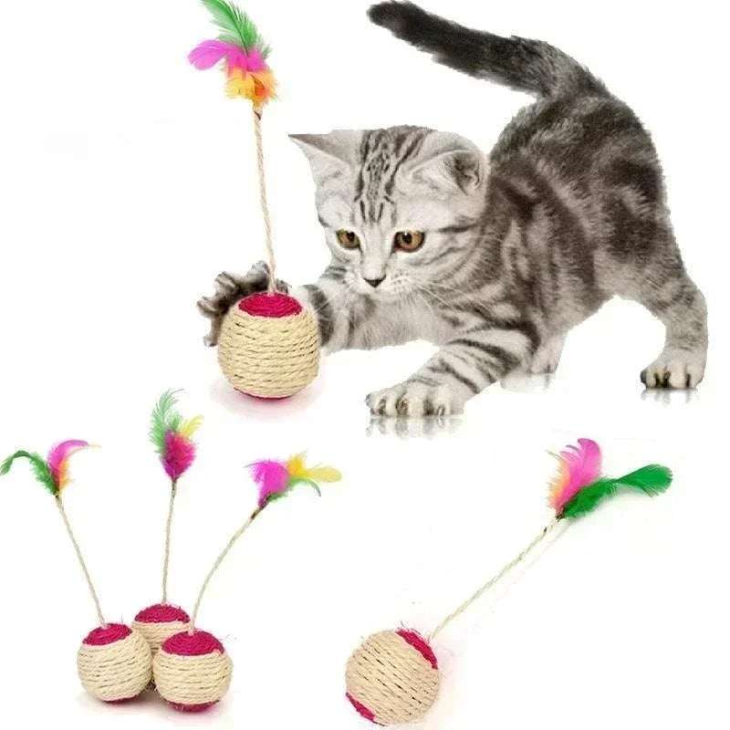 Interactive Sisal Scratching Ball Cat Toy - Training Toy with Feather for Kittens and Cats