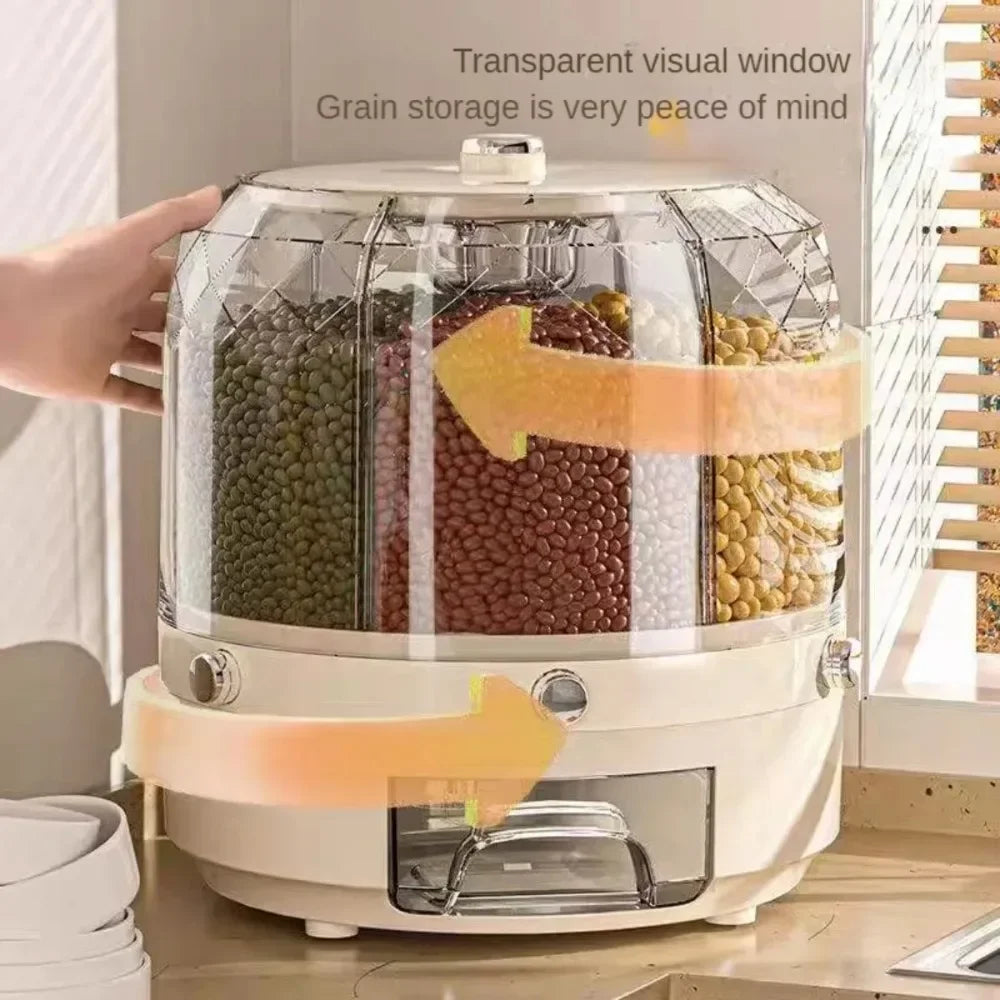 360° Rotating Rice Dispenser - Sealed Dry Cereal Grain Bucket for Kitchen Storage, Moisture-Proof Food Container